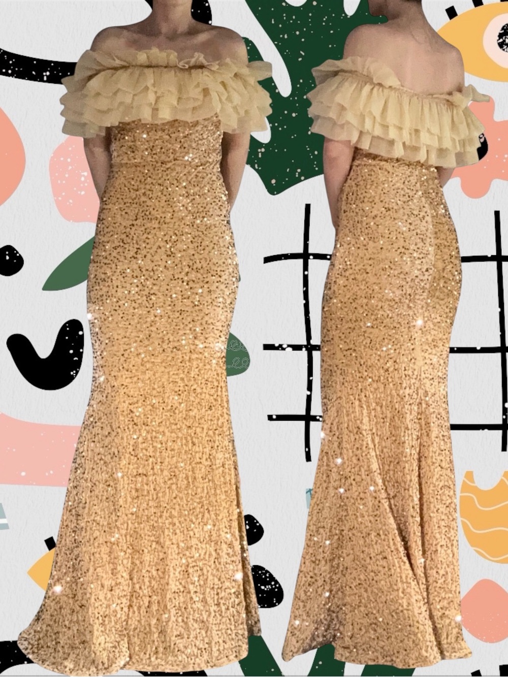 Faeriesty | Gold Plush Velour Sequin Ruffle Off The Shoulder Maxi Gown